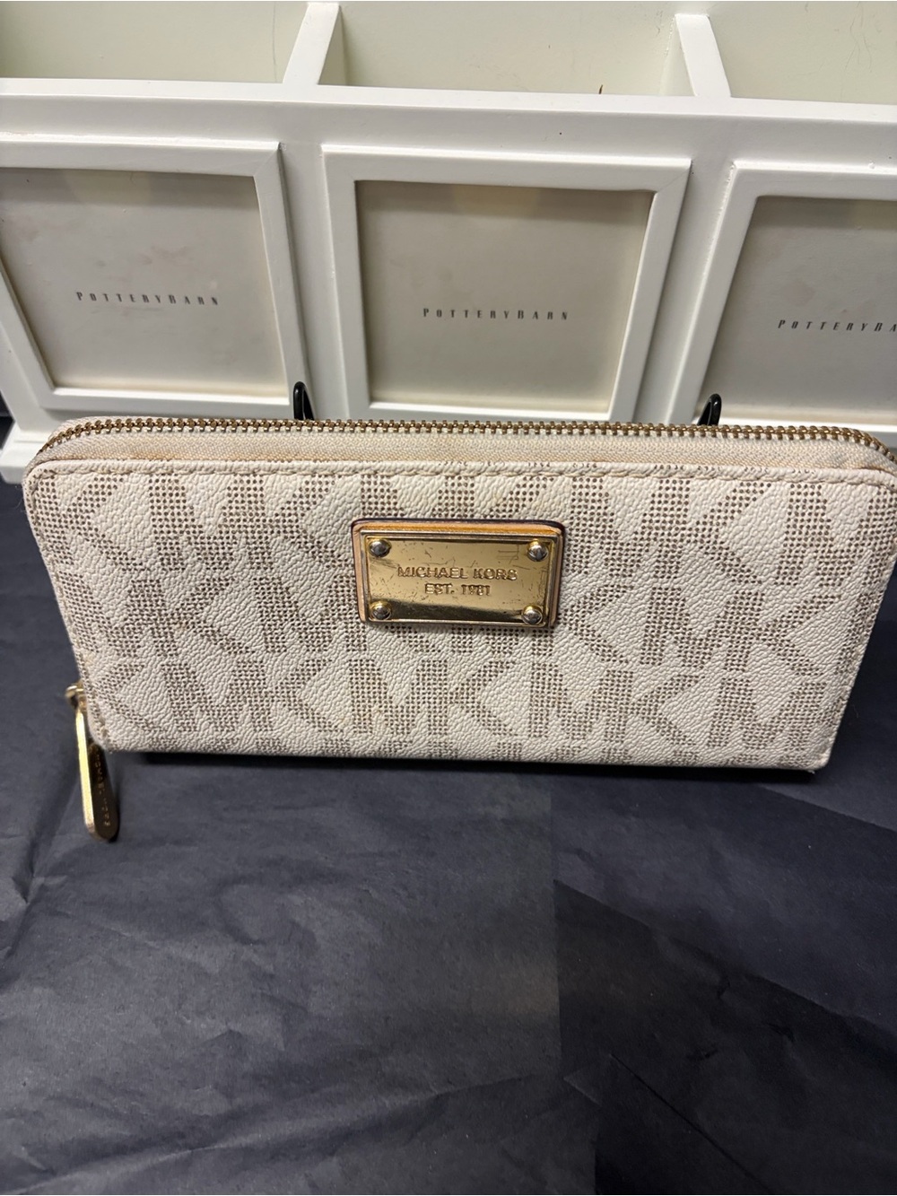 Michael Kors Beige Signature Zip Wallet with Gold Plate